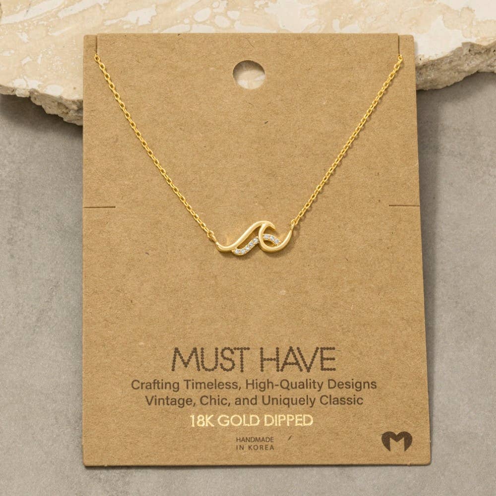 Gold Dipped Cz Pave Wave Pendant Necklace: Gold Dipped