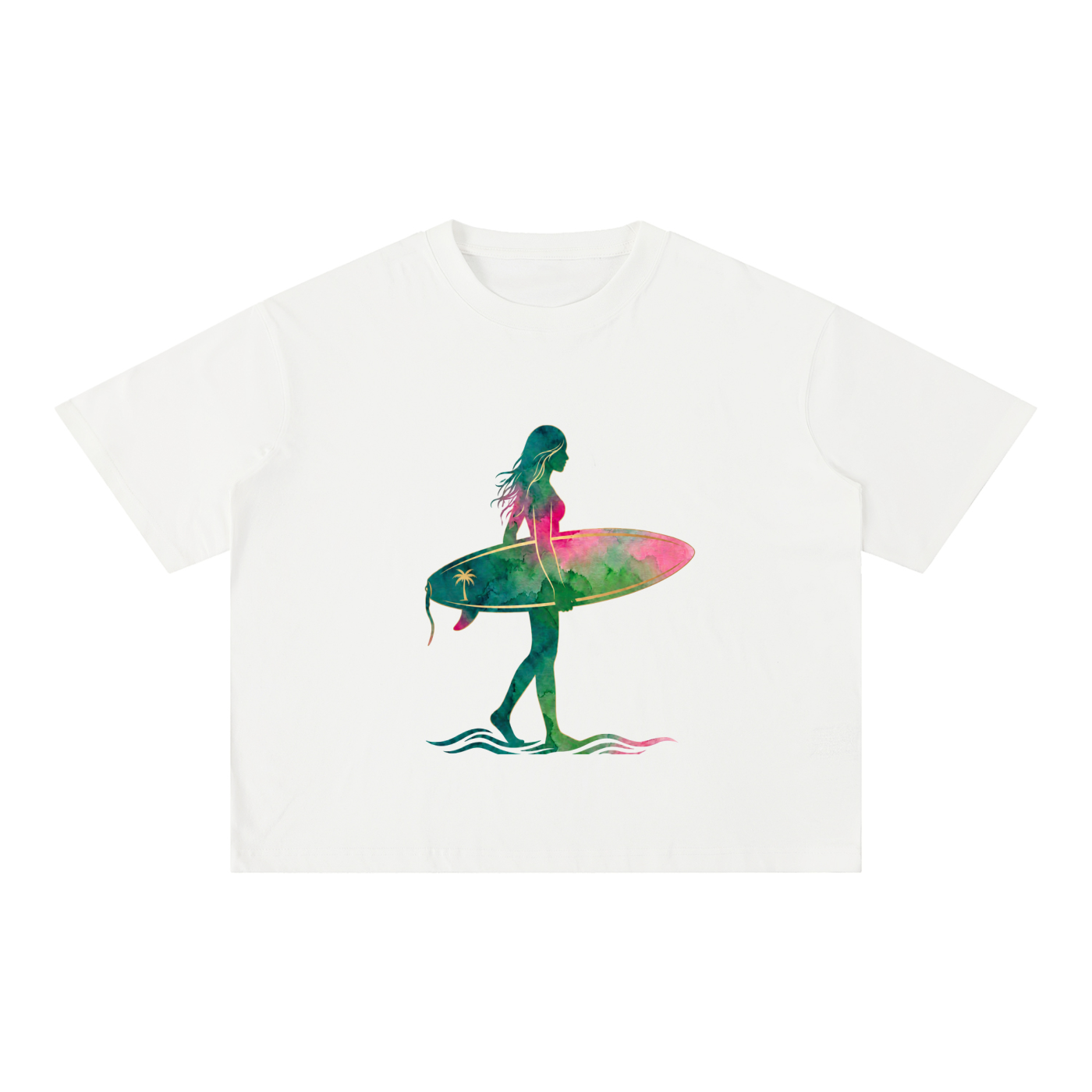 Watercolor Surf Silhouette Tee – Love, Hawaii Collection-Mineral Wash Boxy Cotton T-Shirt