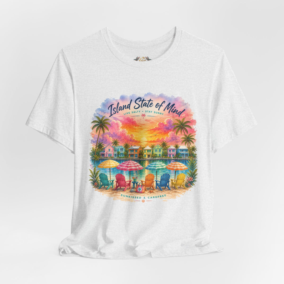 Island State of Mind T-Shirt | Tropical Beach Sunset, Palm Trees, Beach Chairs