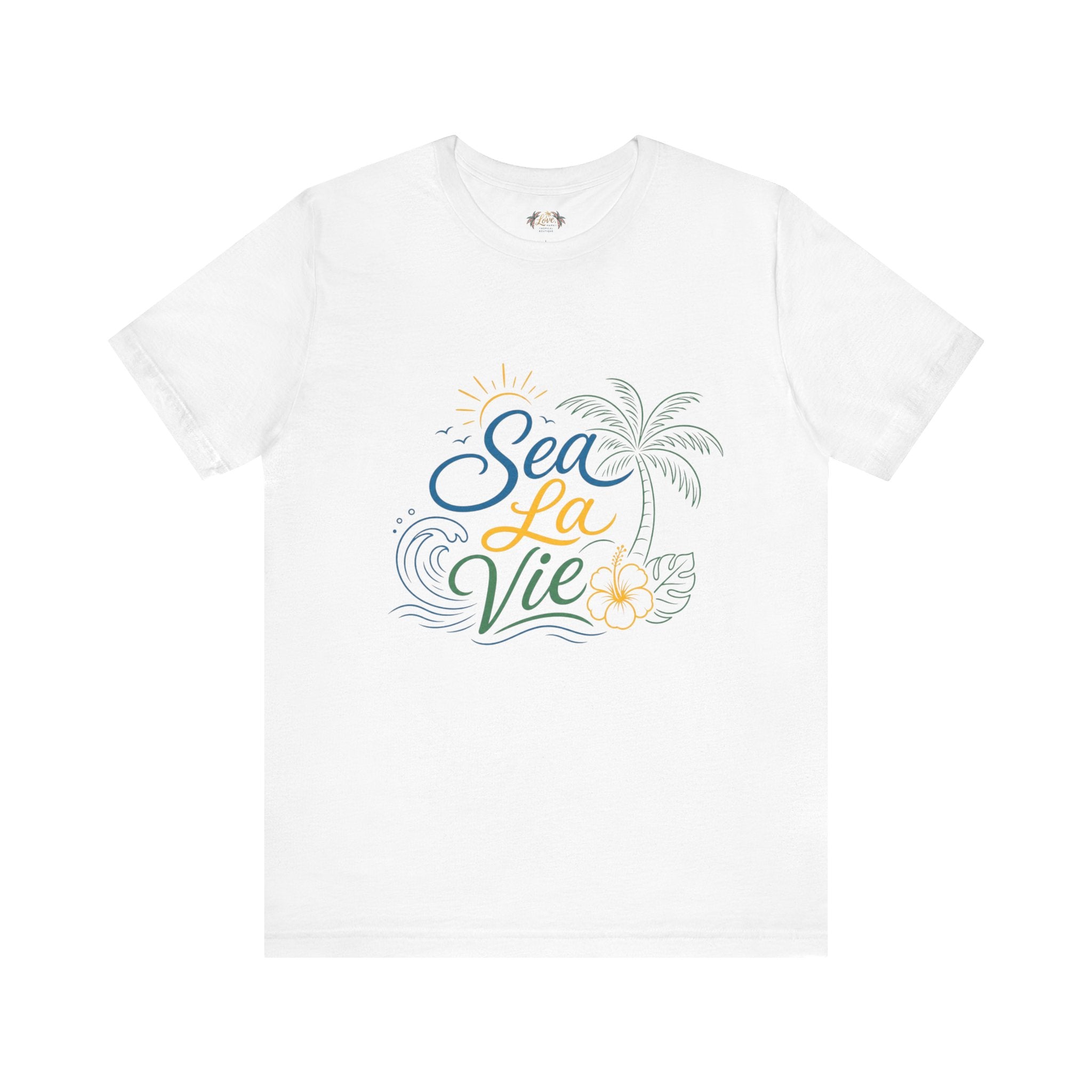 Sea La Vie beach palm graphic Tee | tropical waves, palm tree, hibiscus