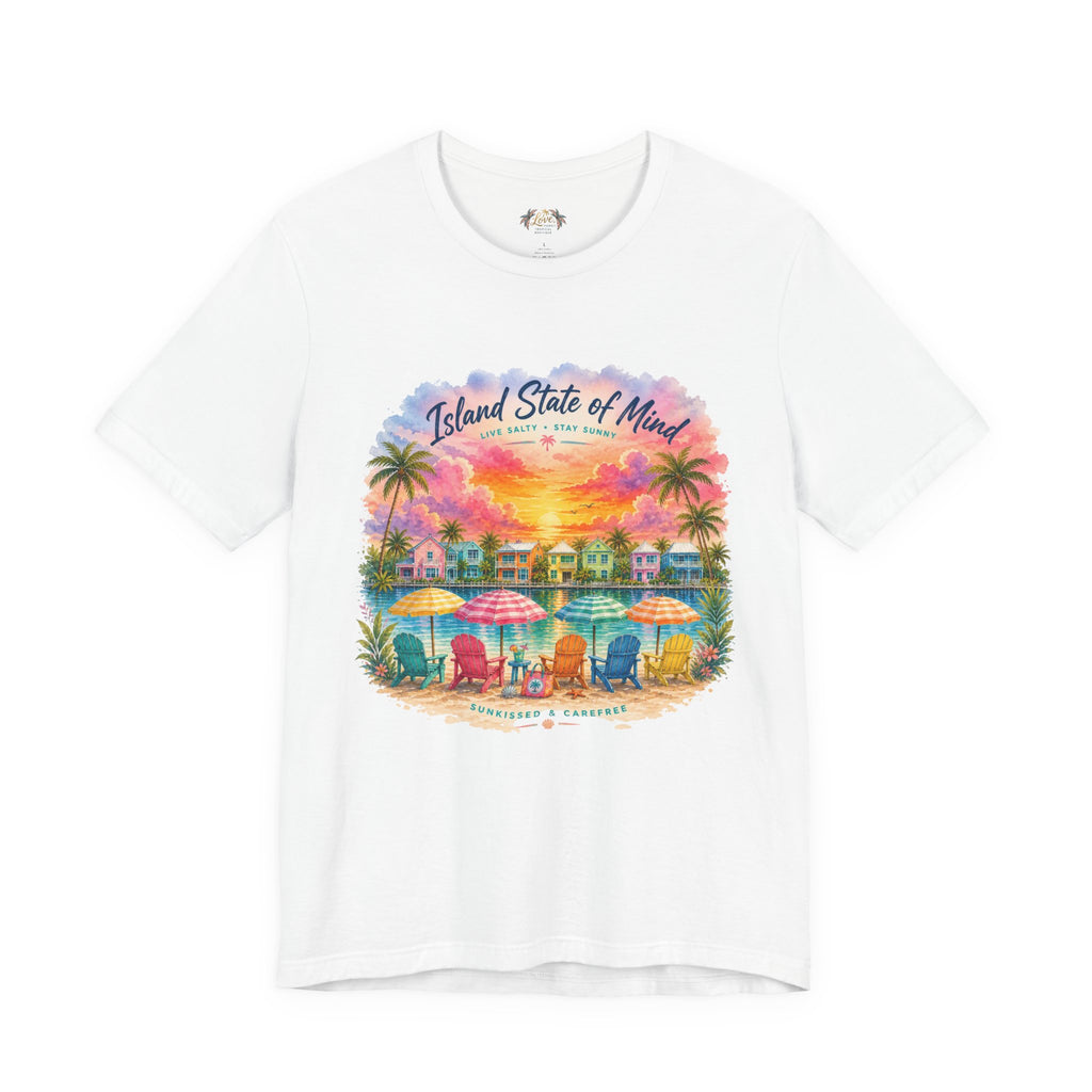 Island State of Mind T-Shirt | Tropical Beach Sunset, Palm Trees, Beach Chairs