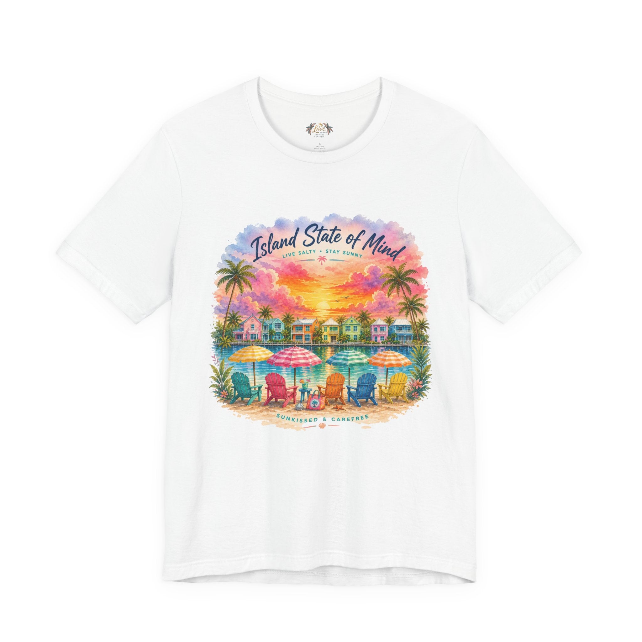 Island State of Mind T-Shirt | Tropical Beach Sunset, Palm Trees, Beach Chairs