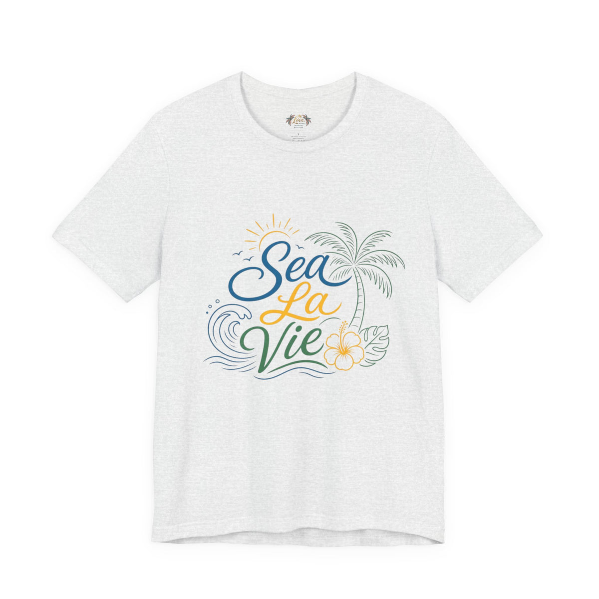 Sea La Vie beach palm graphic Tee | tropical waves, palm tree, hibiscus