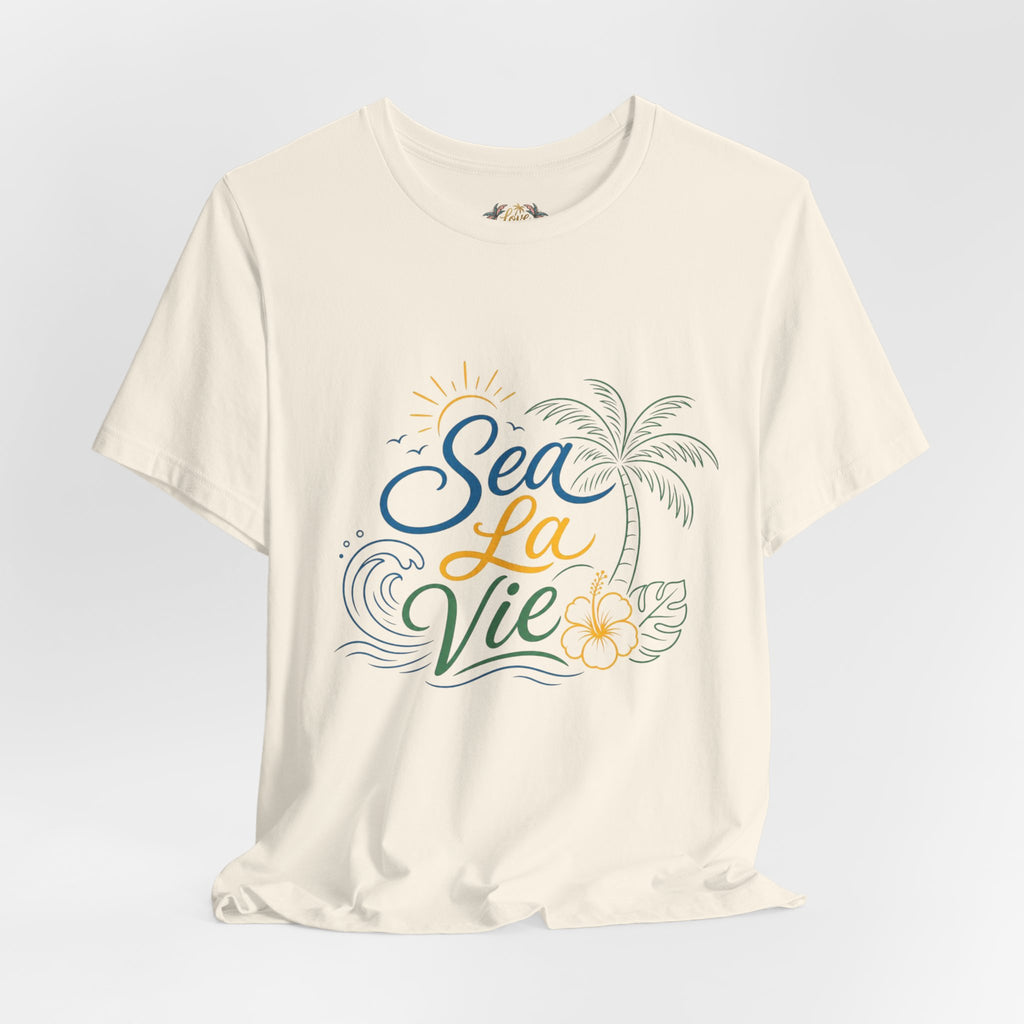 Sea La Vie beach palm graphic Tee | tropical waves, palm tree, hibiscus