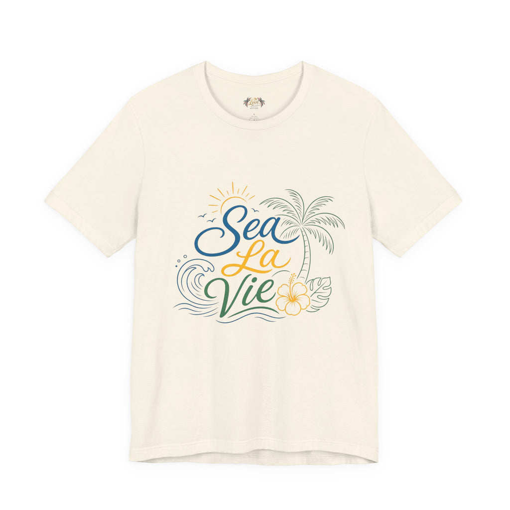 Sea La Vie beach palm graphic Tee | tropical waves, palm tree, hibiscus