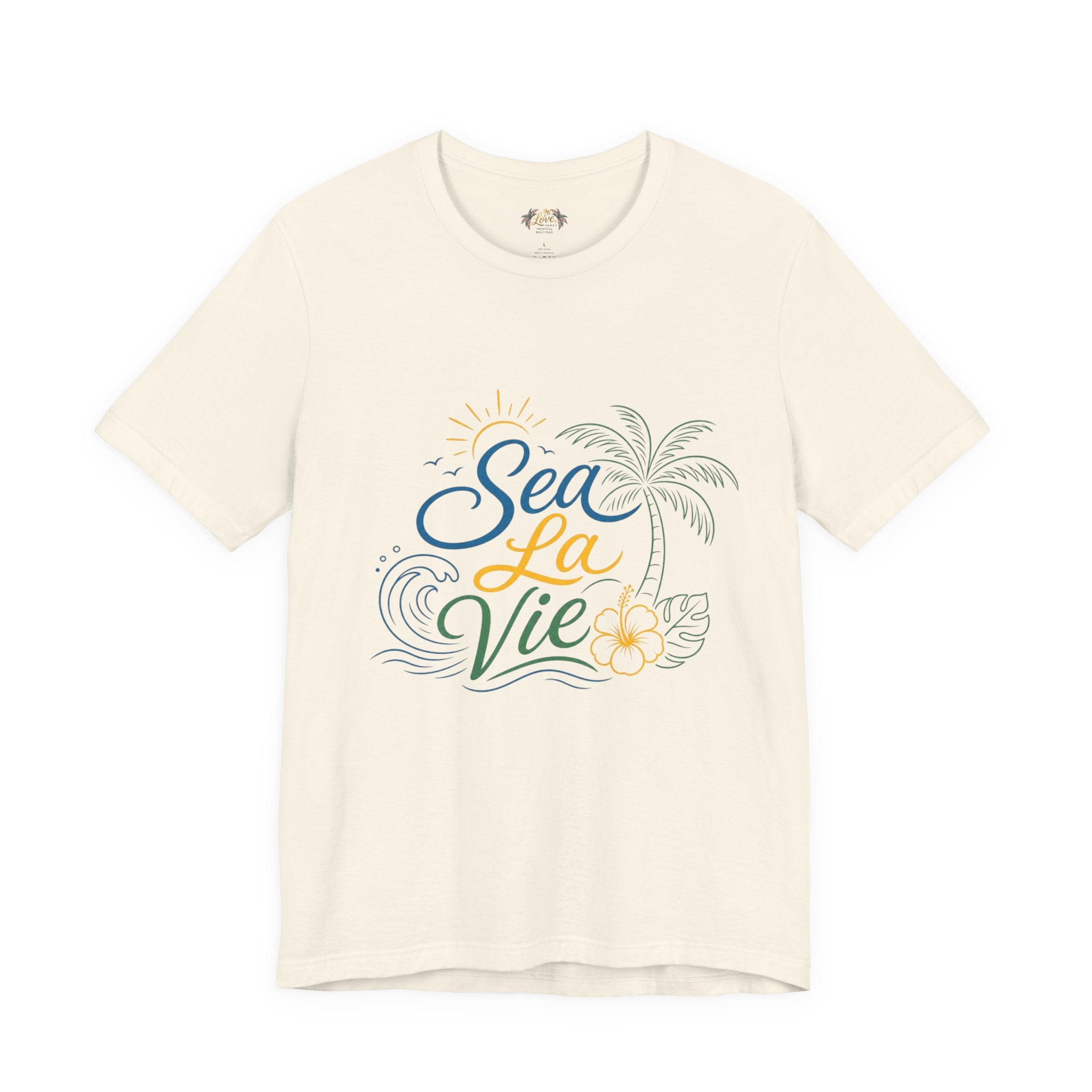 Sea La Vie beach palm graphic Tee | tropical waves, palm tree, hibiscus