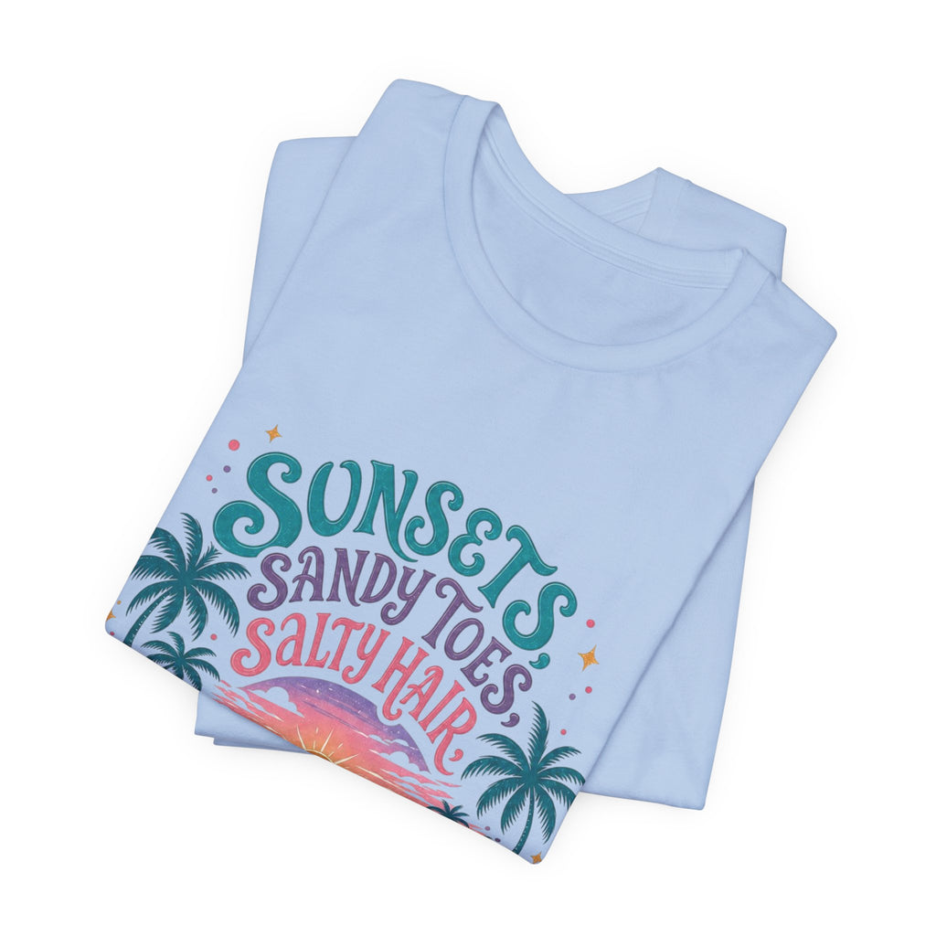 Hawaii Beach Tee — "Sunsets, Sandy Toes, Salty Hair" Sunset Palm Graphic Shirt