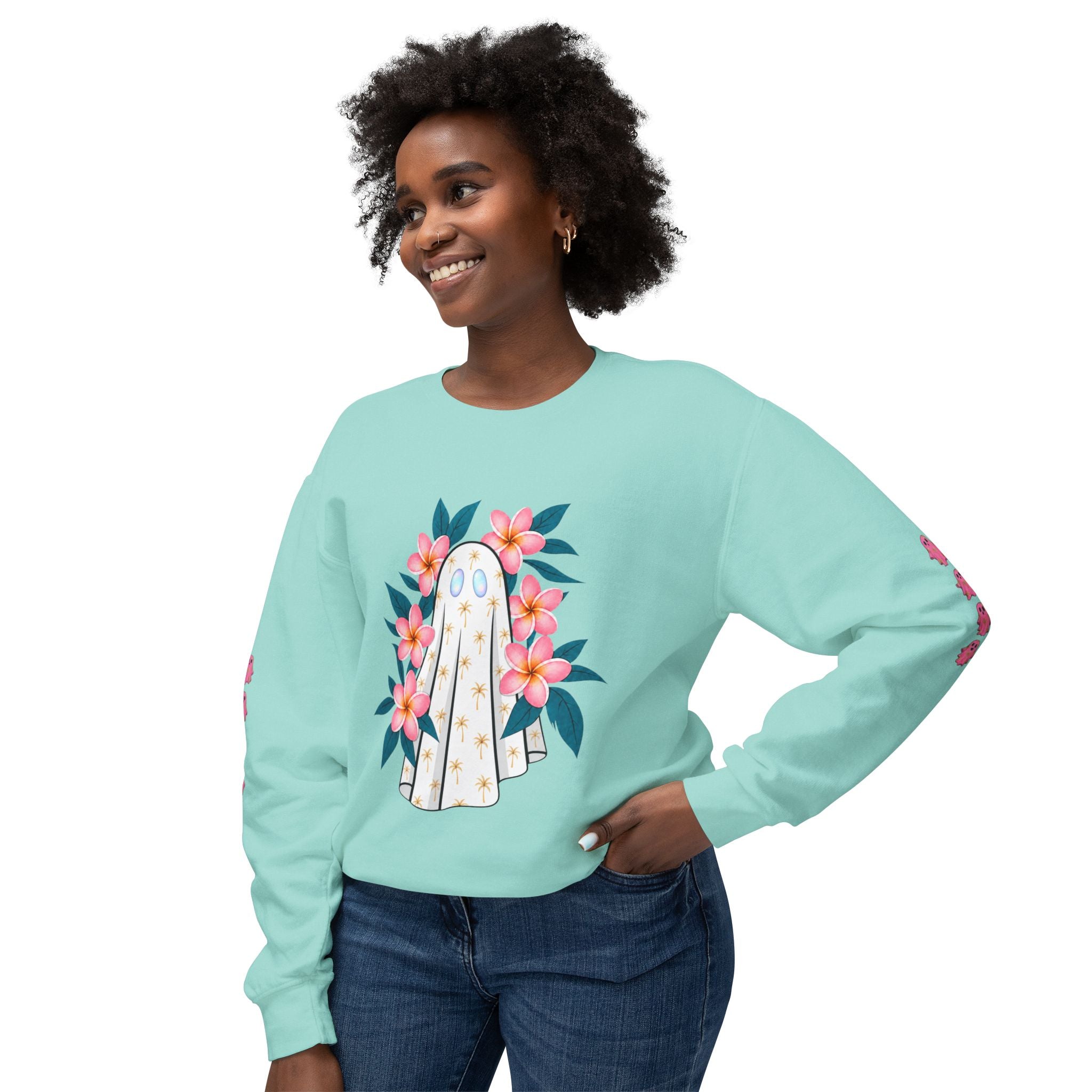 Floral Ghost Crewneck Sweatshirt | Ghost with Pink Flowers-Love, Hawaii Halloween