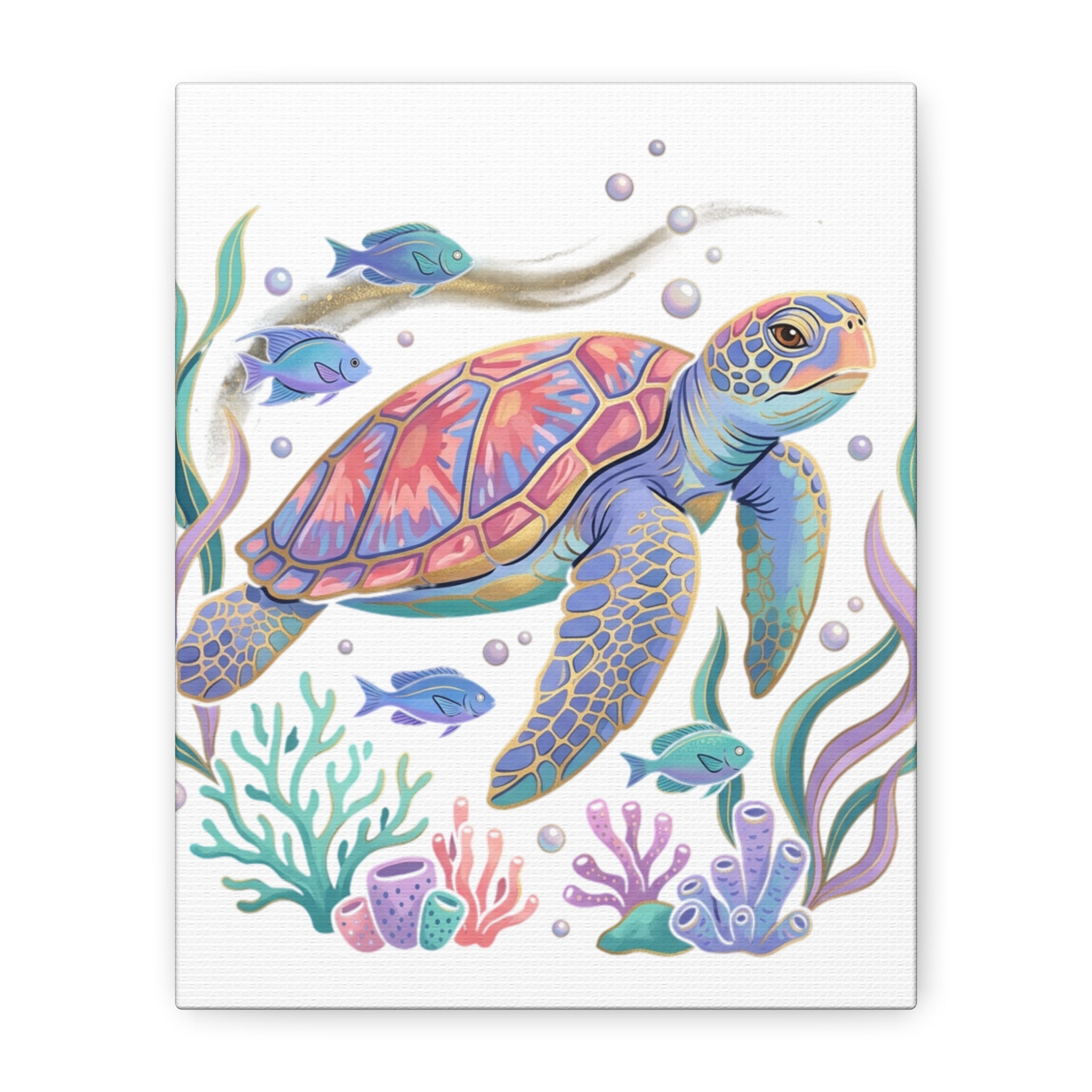 Colorful Sea Turtle Canvas Wall Art — Pastel Ocean Turtle Print on Matte Stretched Canvas