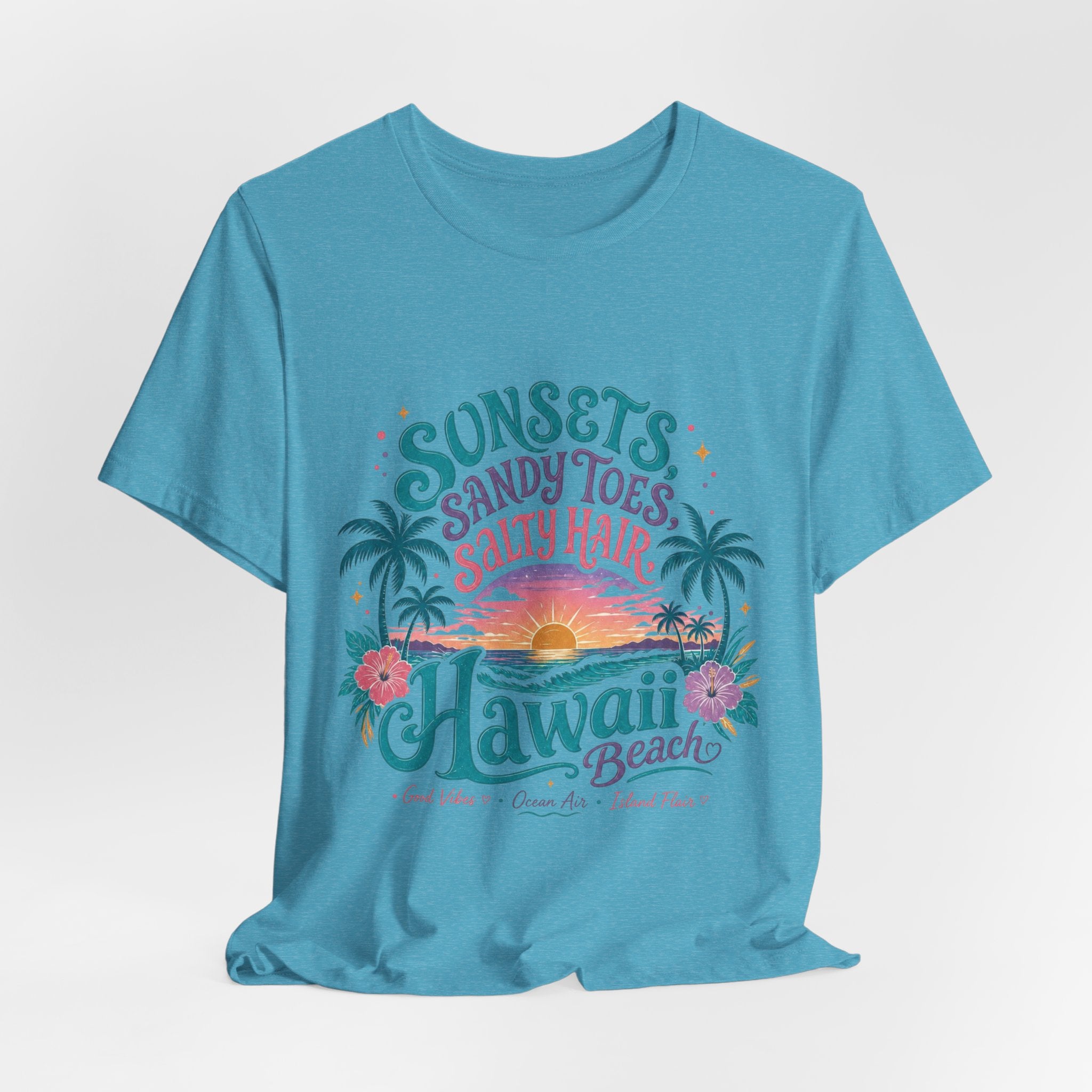 Hawaii Beach Tee — "Sunsets, Sandy Toes, Salty Hair" Sunset Palm Graphic Shirt
