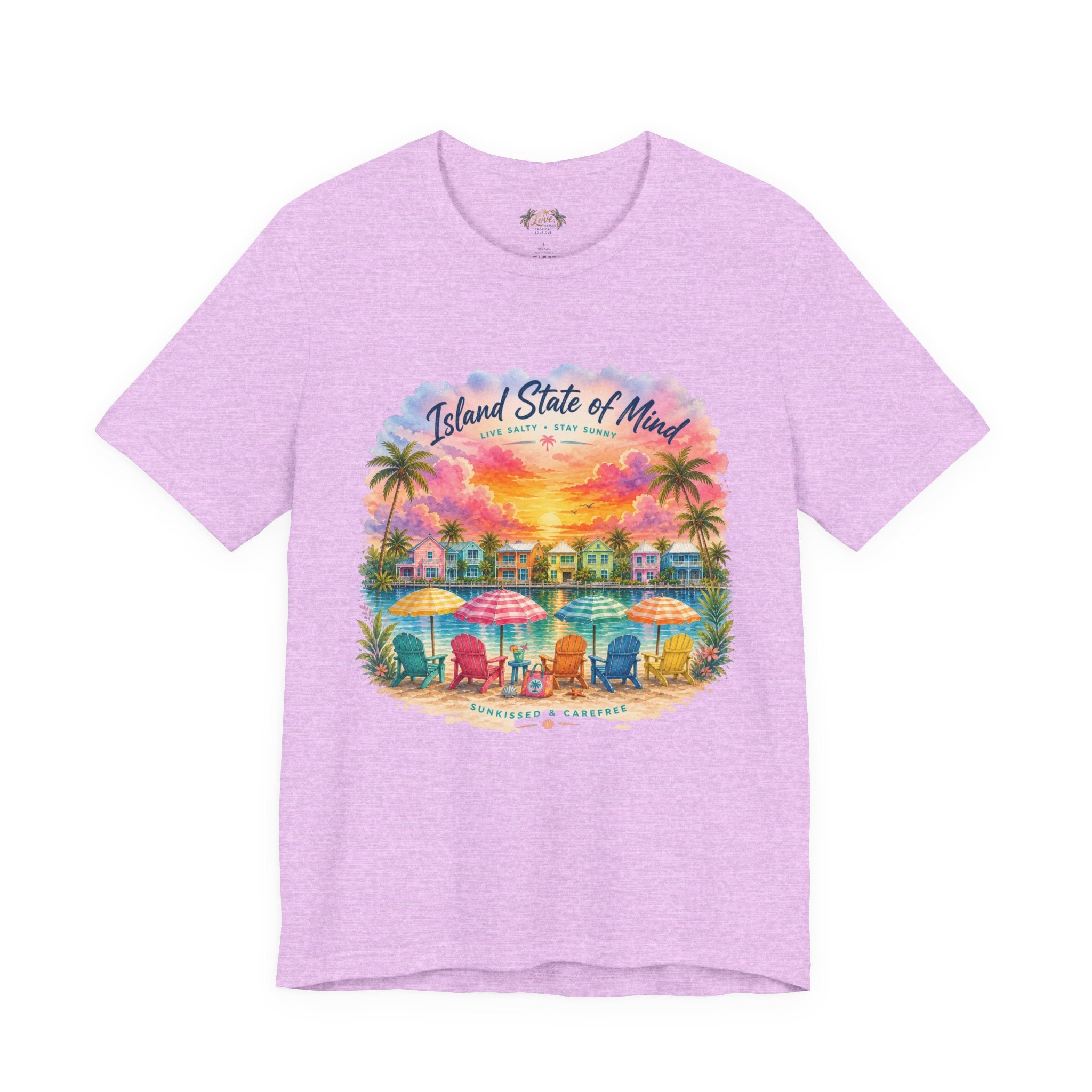 Island State of Mind T-Shirt | Tropical Beach Sunset, Palm Trees, Beach Chairs