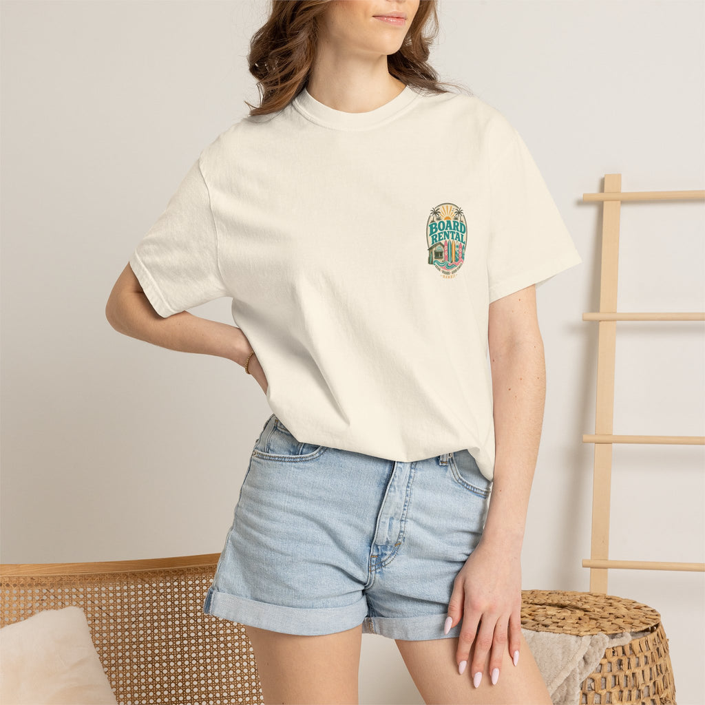 Board Rental T-Shirt — Hawaiian Surf Shop Graphic Tee (Back & Chest Print)