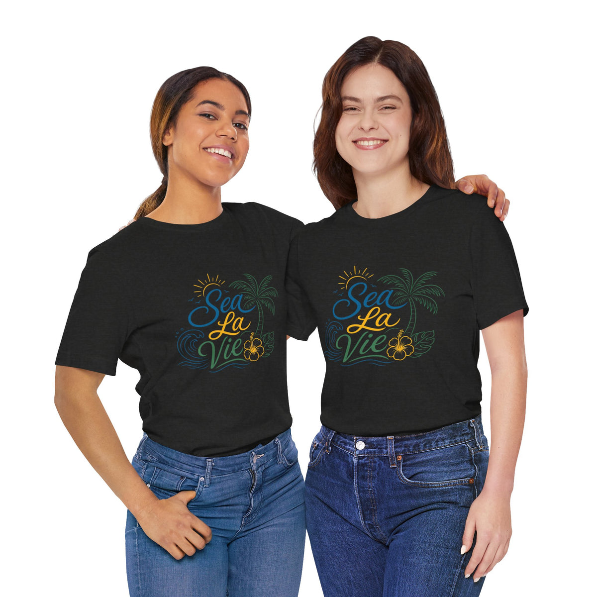 Sea La Vie beach palm graphic Tee | tropical waves, palm tree, hibiscus