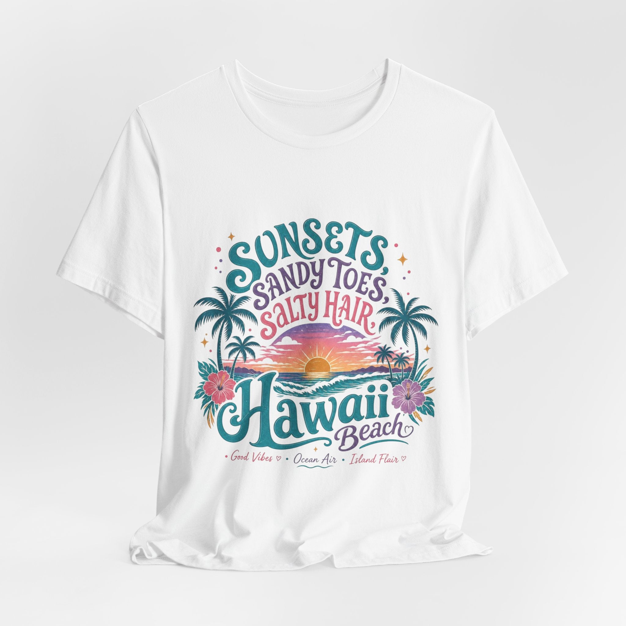 Hawaii Beach Tee — "Sunsets, Sandy Toes, Salty Hair" Sunset Palm Graphic Shirt