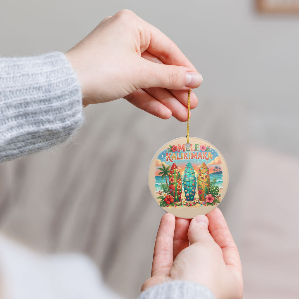 Mele Kalikimaka Surfboard Ornament Ceramic Decoration | Hawaiian Christmas Aloha