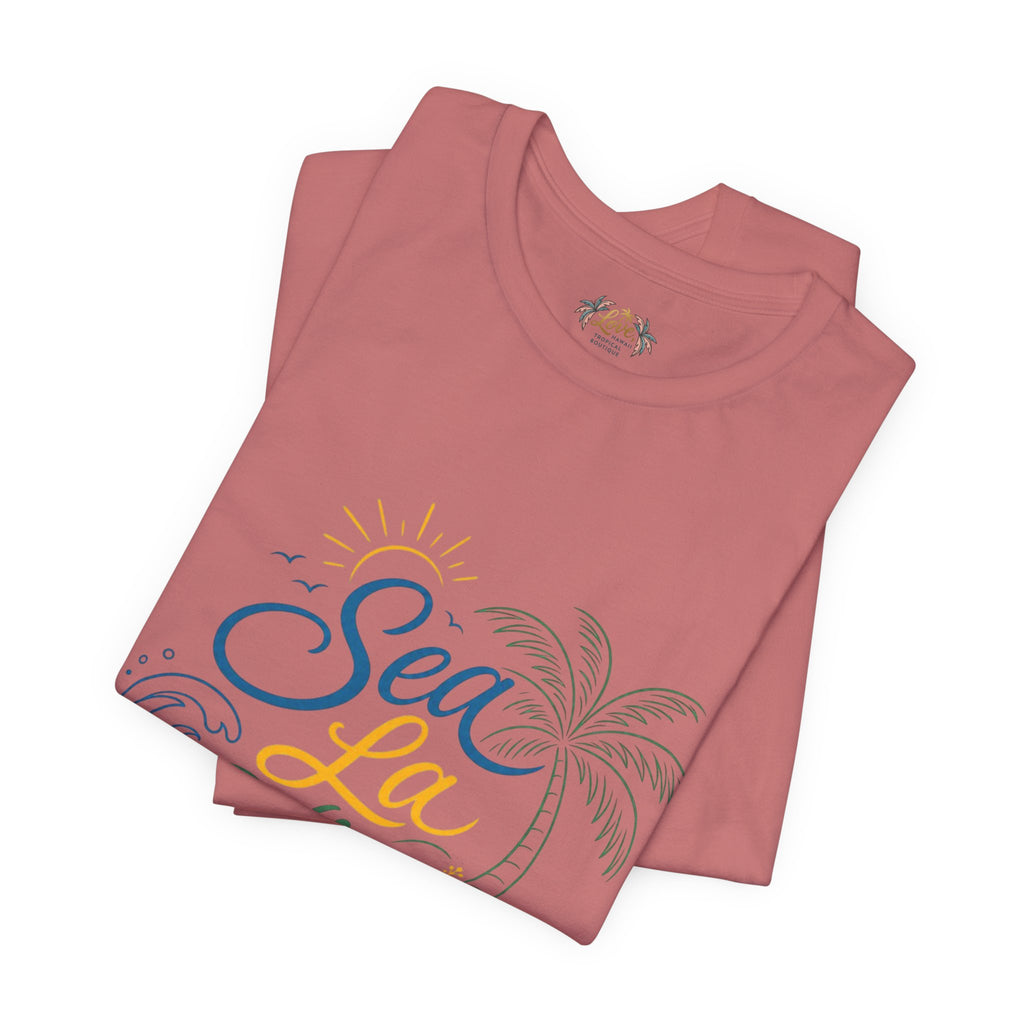 Sea La Vie beach palm graphic Tee | tropical waves, palm tree, hibiscus
