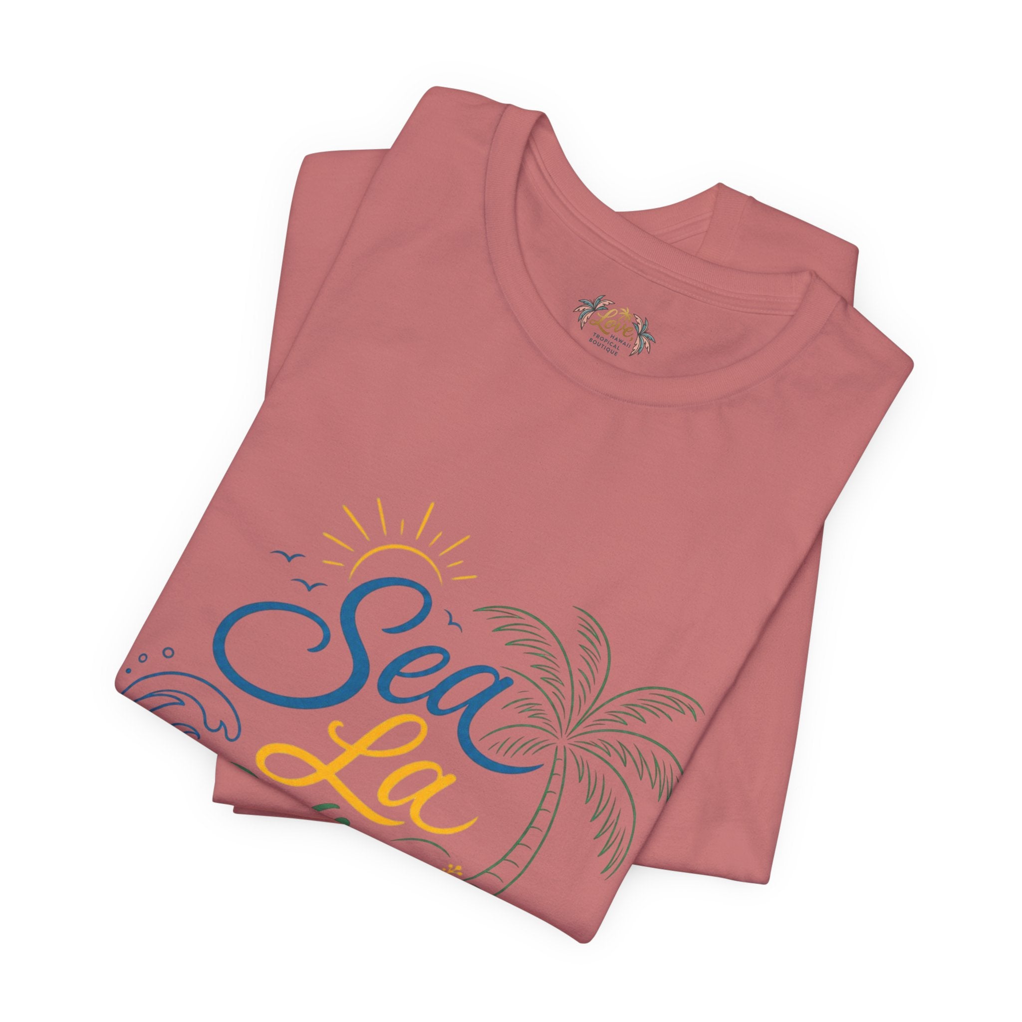 Sea La Vie beach palm graphic Tee | tropical waves, palm tree, hibiscus