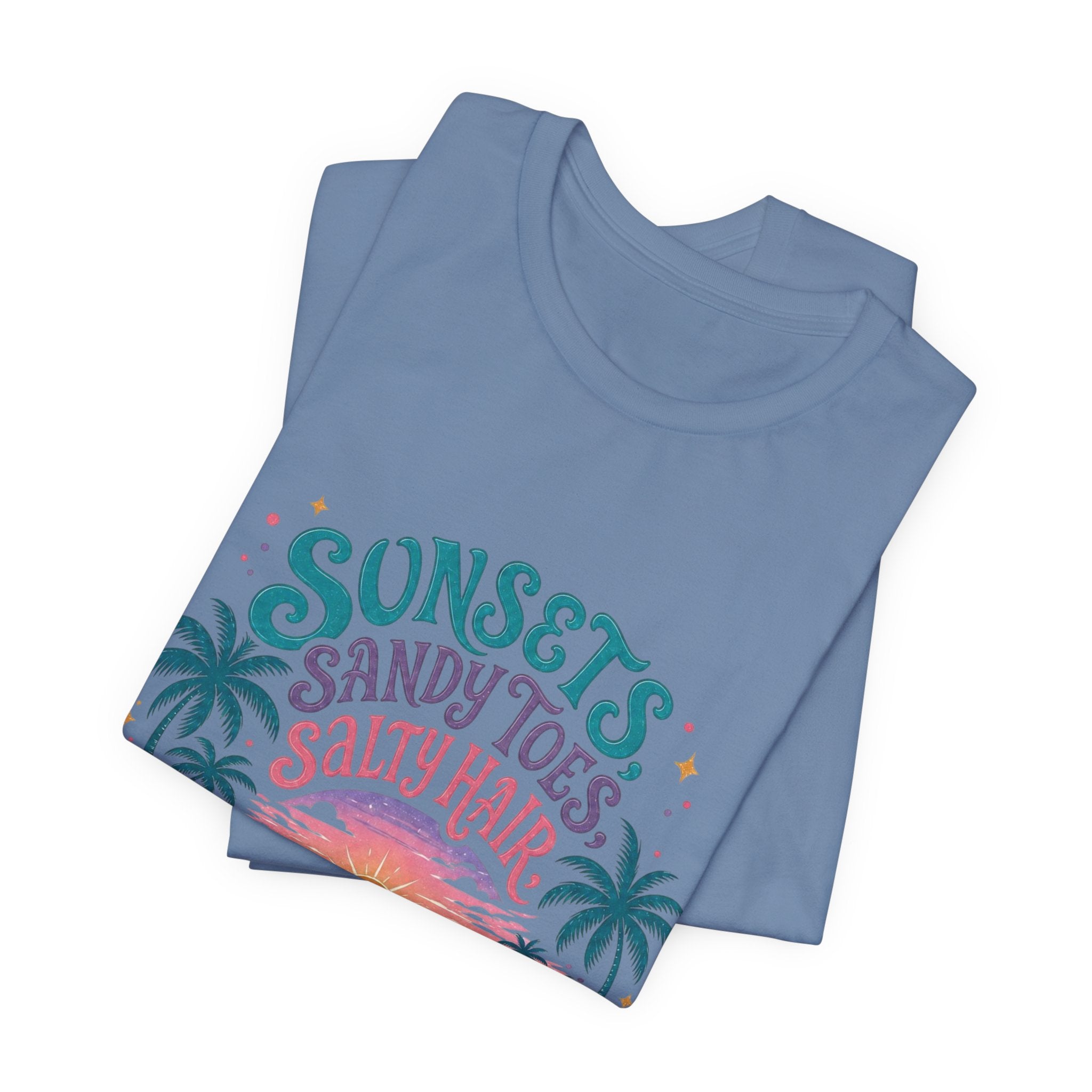 Hawaii Beach Tee — "Sunsets, Sandy Toes, Salty Hair" Sunset Palm Graphic Shirt