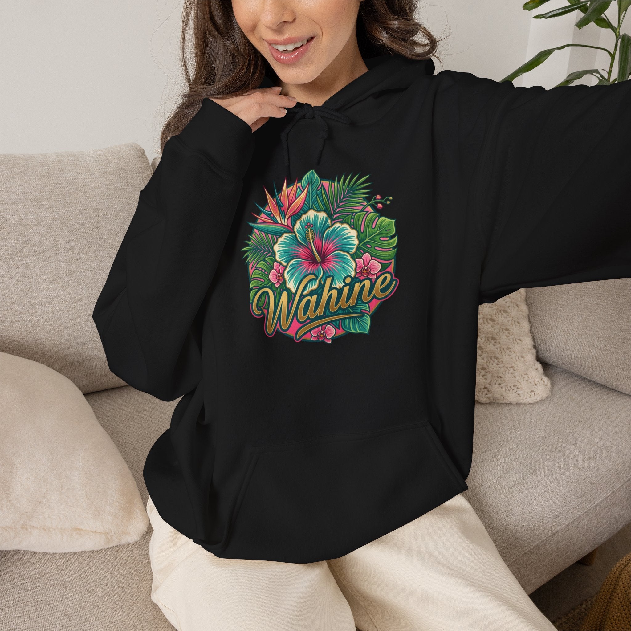 Wahine Tropical Floral Design Hoodie | Hawaiian Hibiscus Palm Leaves