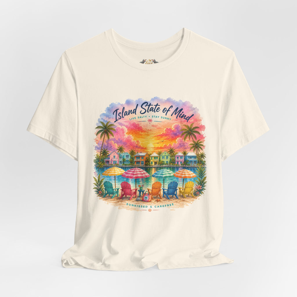 Island State of Mind T-Shirt | Tropical Beach Sunset, Palm Trees, Beach Chairs