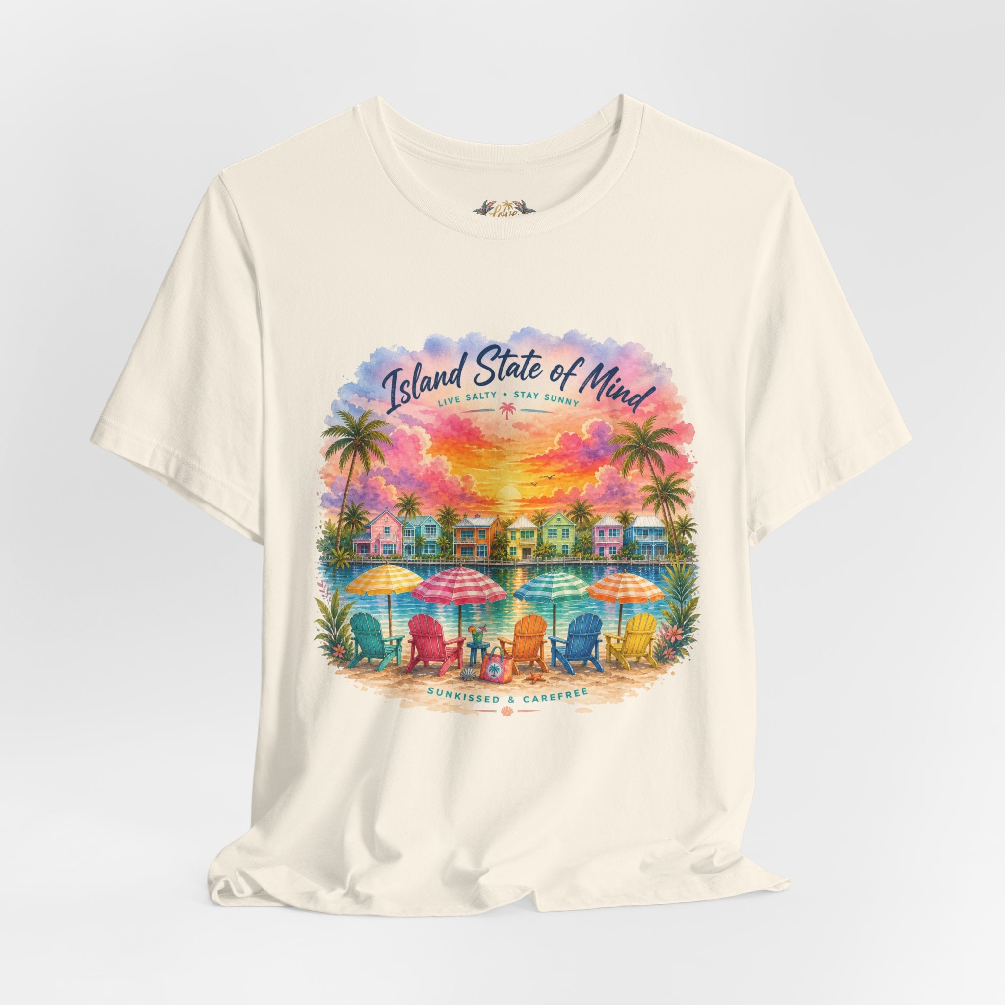 Island State of Mind T-Shirt | Tropical Beach Sunset, Palm Trees, Beach Chairs
