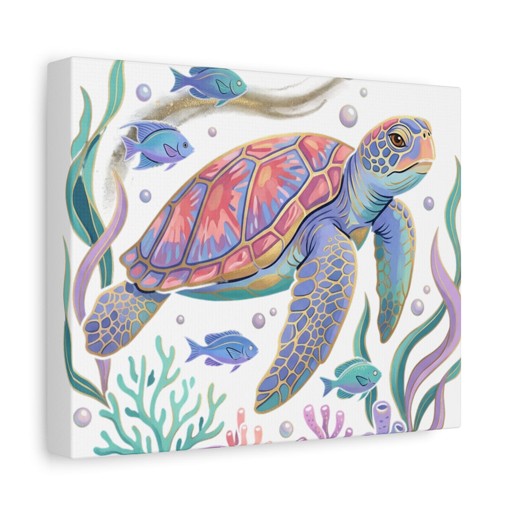 Colorful Sea Turtle Canvas Wall Art — Pastel Ocean Turtle Print on Matte Stretched Canvas