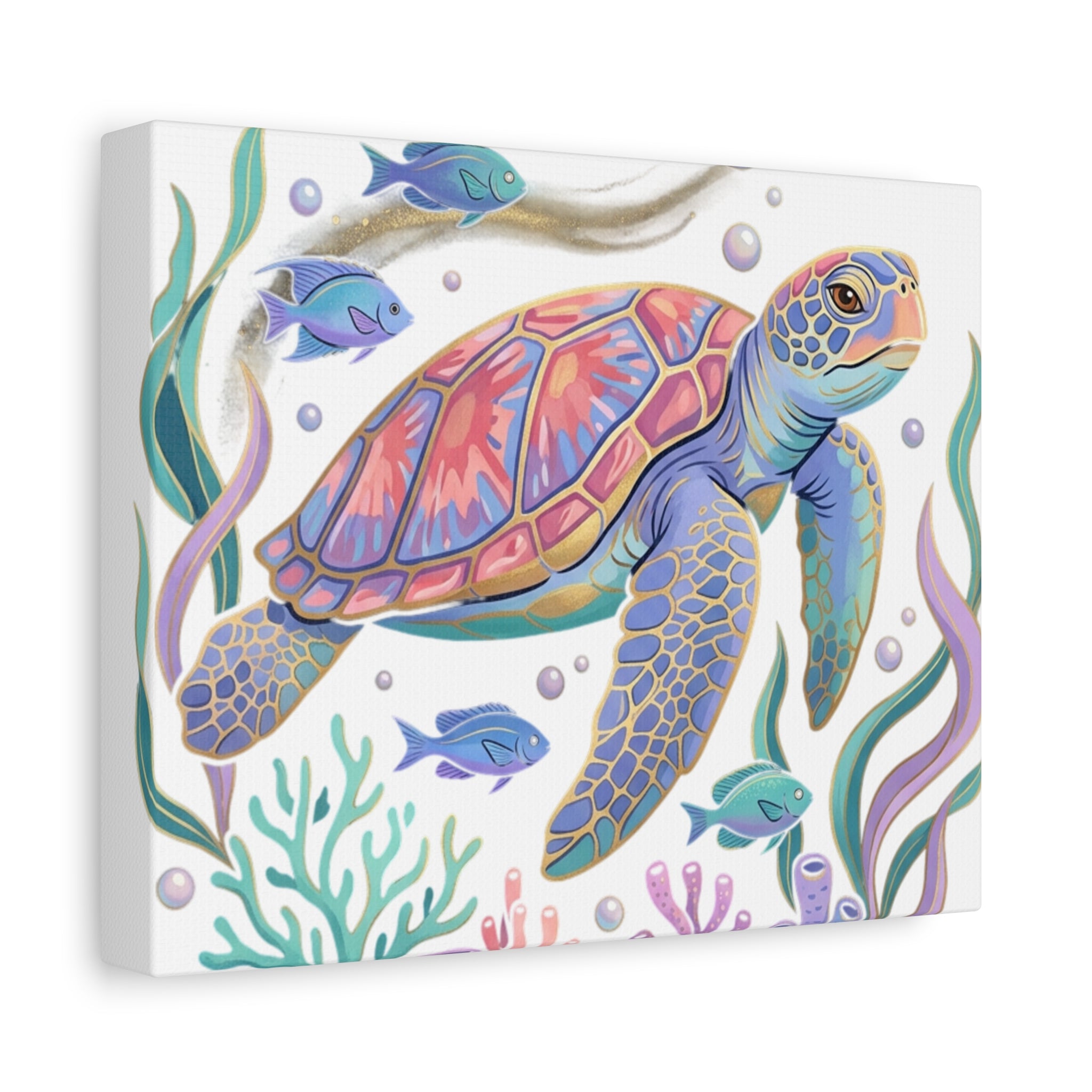 Colorful Sea Turtle Canvas Wall Art — Pastel Ocean Turtle Print on Matte Stretched Canvas