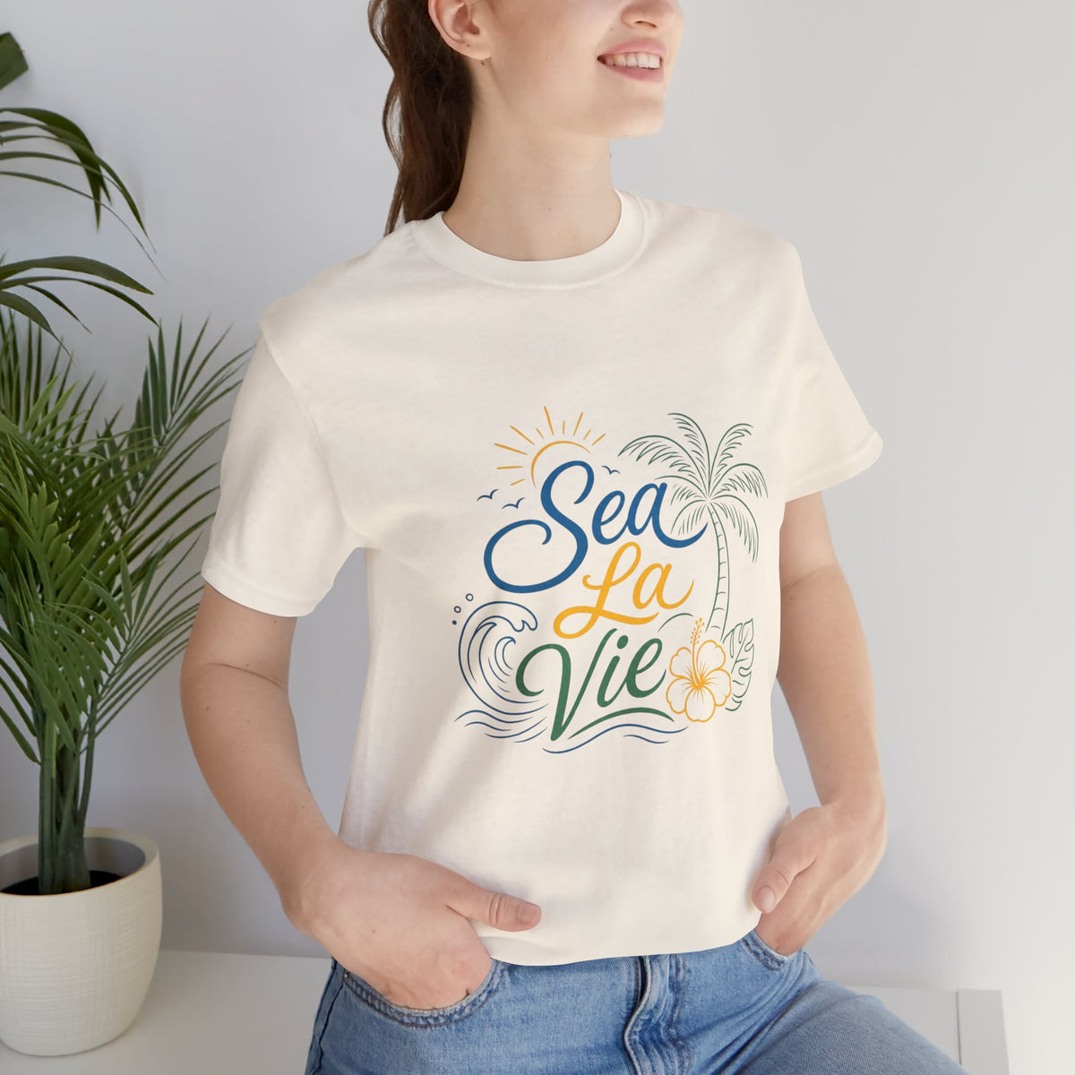 Sea La Vie beach palm graphic Tee | tropical waves, palm tree, hibiscus