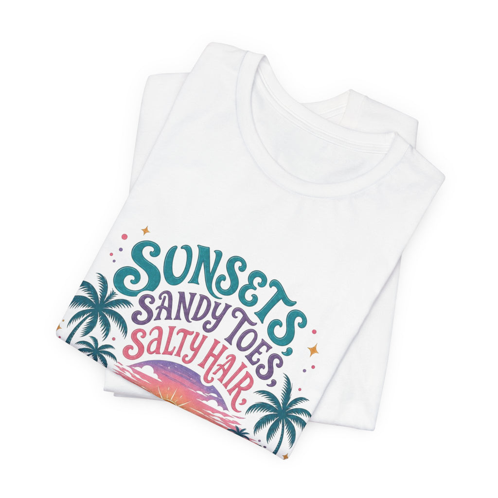 Hawaii Beach Tee — "Sunsets, Sandy Toes, Salty Hair" Sunset Palm Graphic Shirt