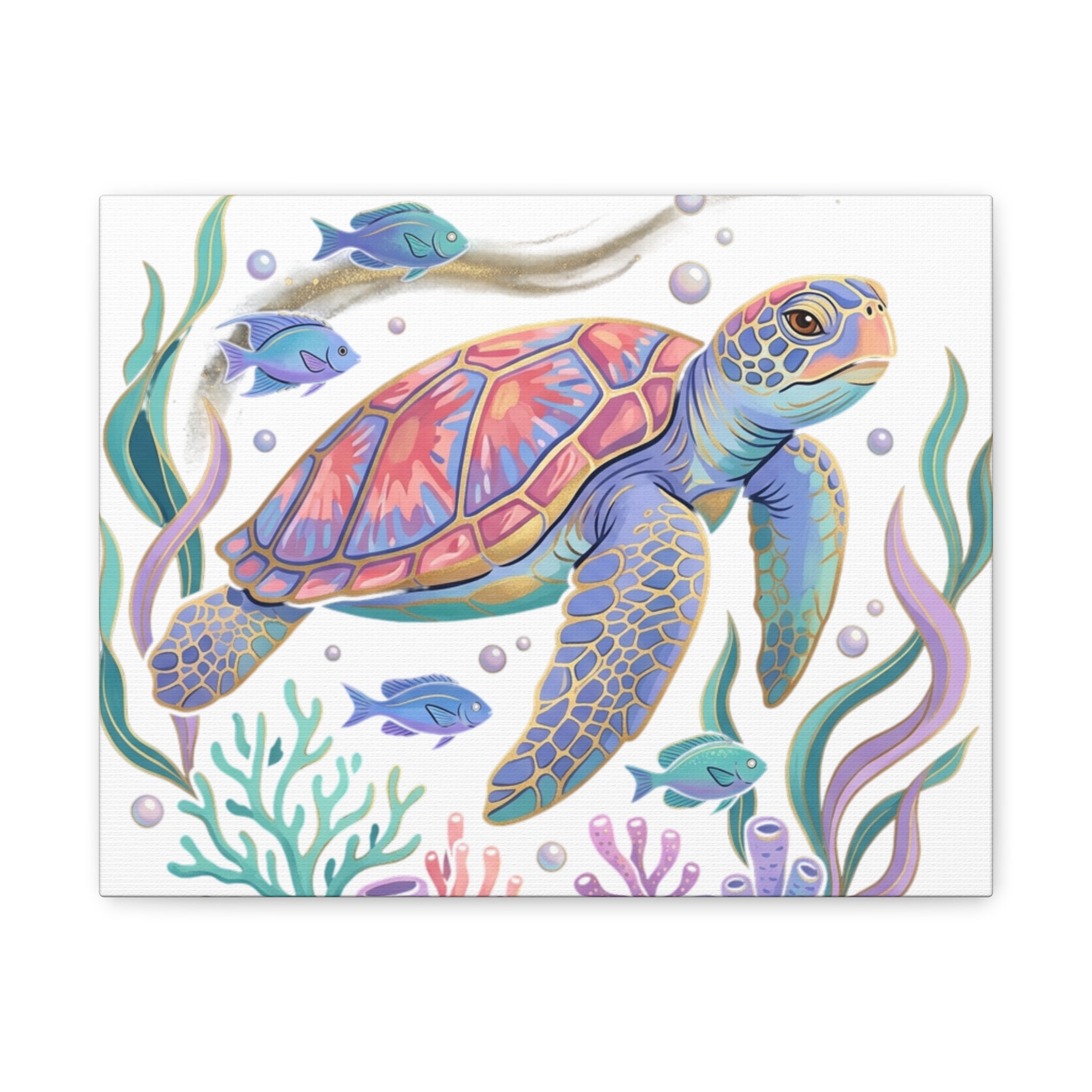 Colorful Sea Turtle Canvas Wall Art — Pastel Ocean Turtle Print on Matte Stretched Canvas