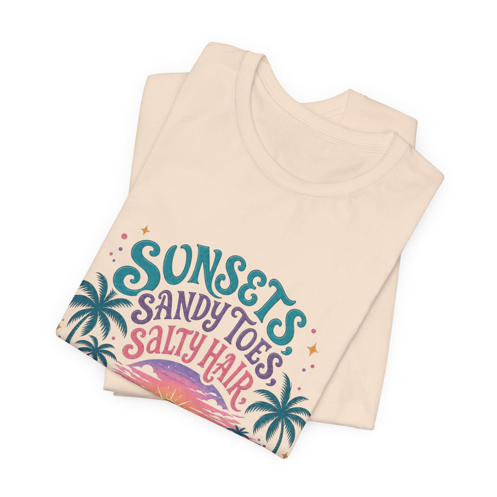 Hawaii Beach Tee — "Sunsets, Sandy Toes, Salty Hair" Sunset Palm Graphic Shirt