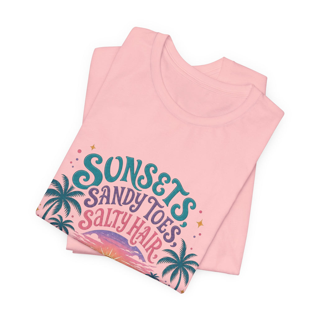 Hawaii Beach Tee — "Sunsets, Sandy Toes, Salty Hair" Sunset Palm Graphic Shirt