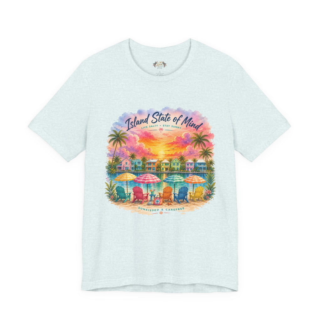Island State of Mind T-Shirt | Tropical Beach Sunset, Palm Trees, Beach Chairs