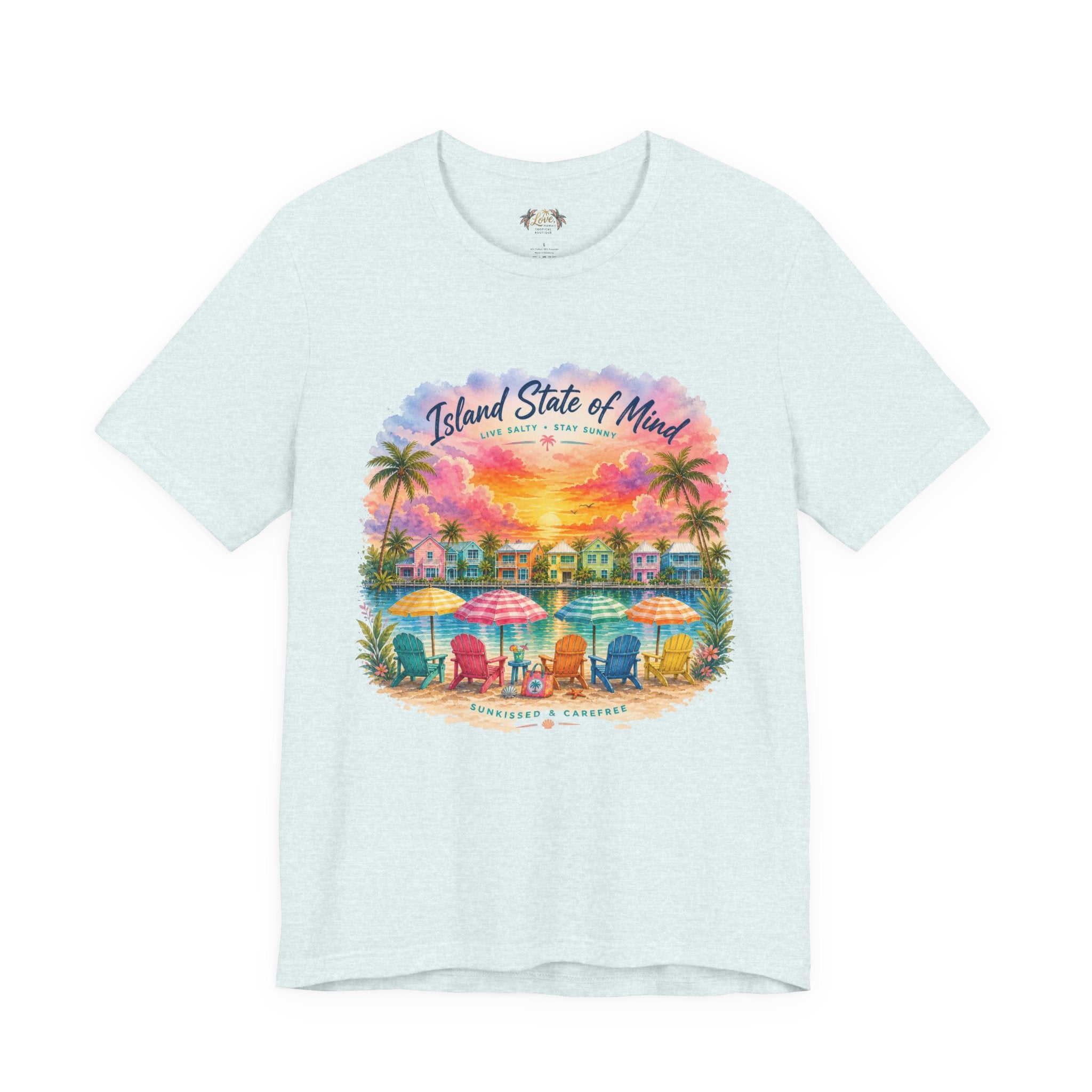Island State of Mind T-Shirt | Tropical Beach Sunset, Palm Trees, Beach Chairs