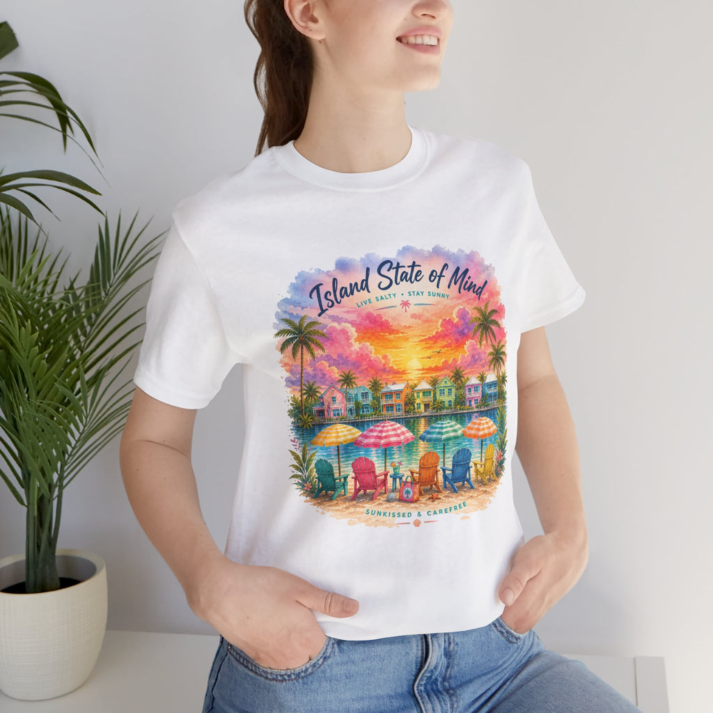 Island State of Mind T-Shirt | Tropical Beach Sunset, Palm Trees, Beach Chairs