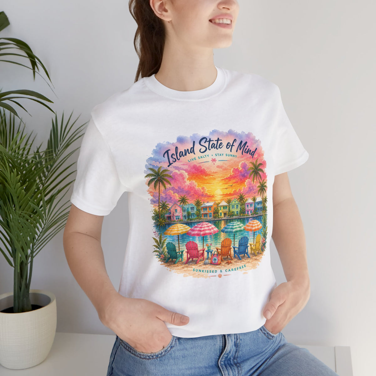Island State of Mind T-Shirt | Tropical Beach Sunset, Palm Trees, Beach Chairs