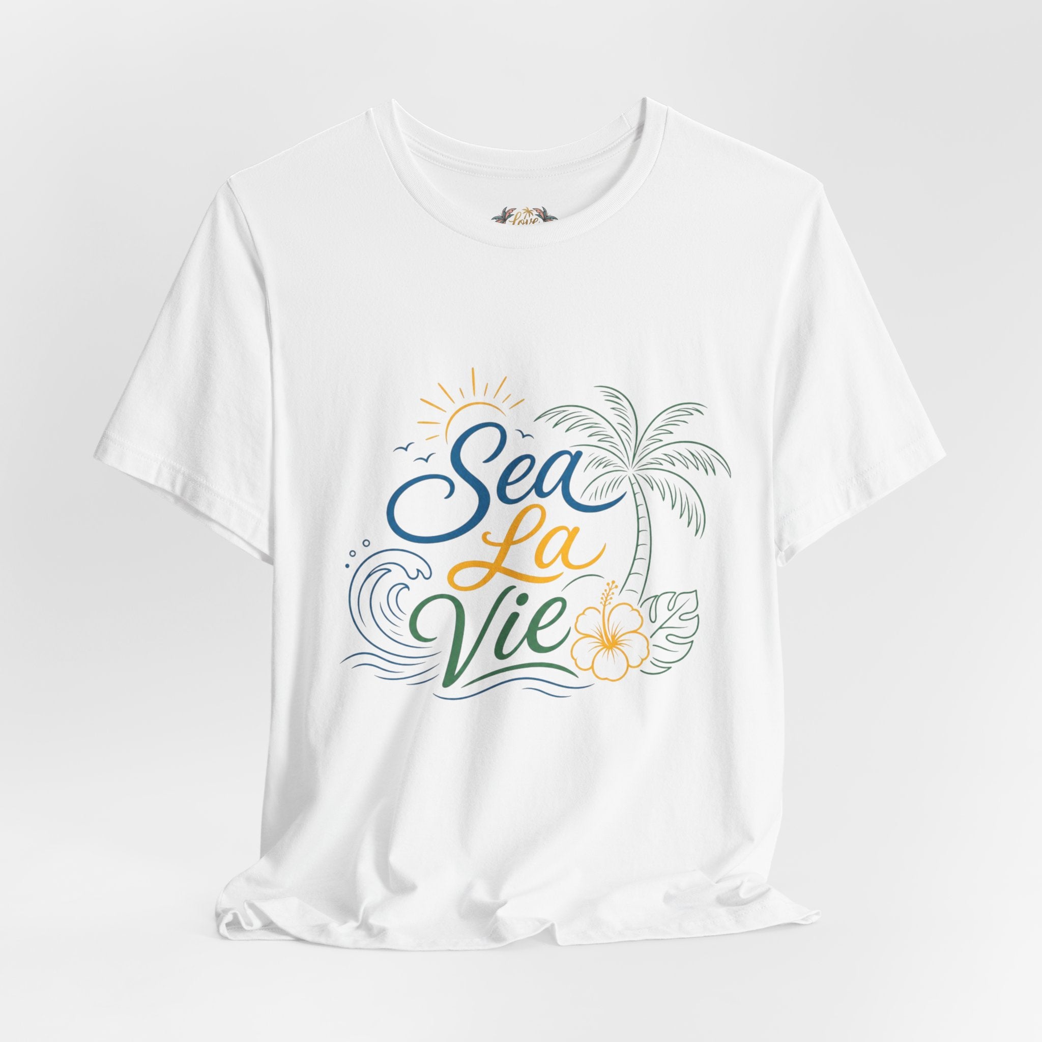 Sea La Vie beach palm graphic Tee | tropical waves, palm tree, hibiscus
