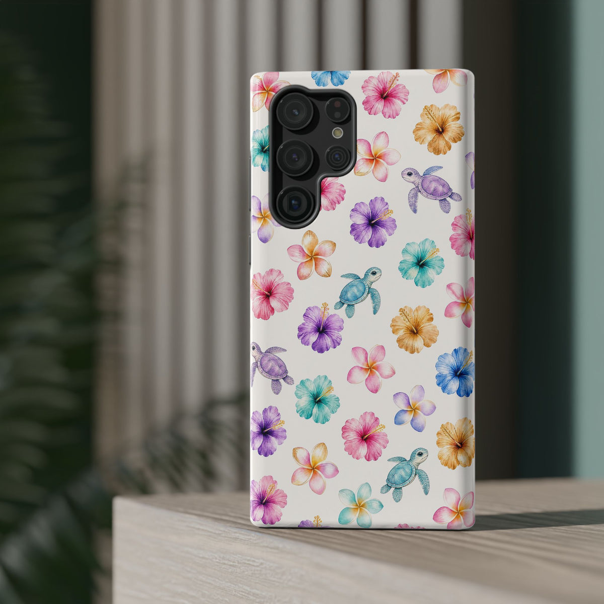 Sea Turtle Floral Phone Case — Colorful Hawaiian Plumeria Protective Case