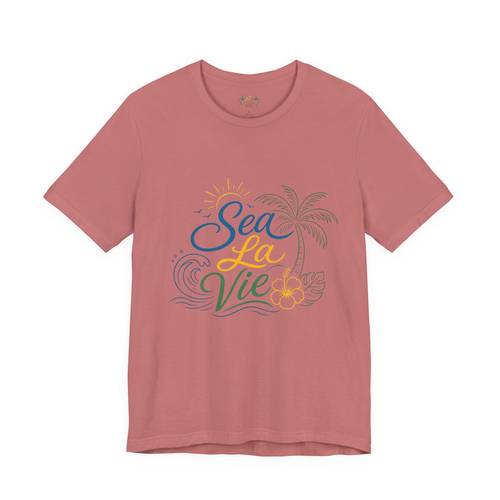 Sea La Vie beach palm graphic Tee | tropical waves, palm tree, hibiscus