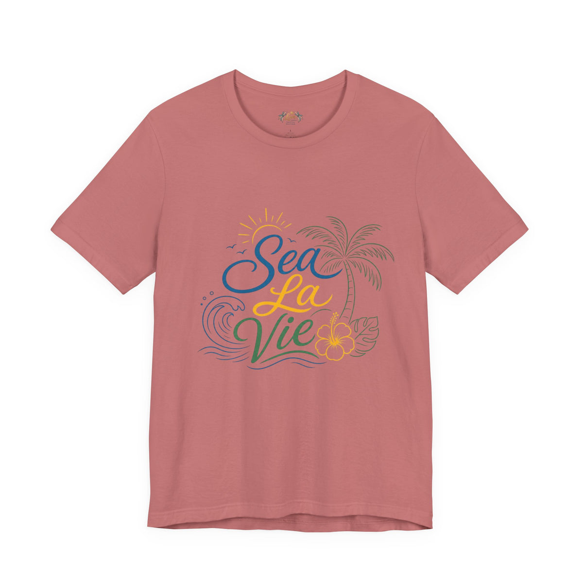 Sea La Vie beach palm graphic Tee | tropical waves, palm tree, hibiscus