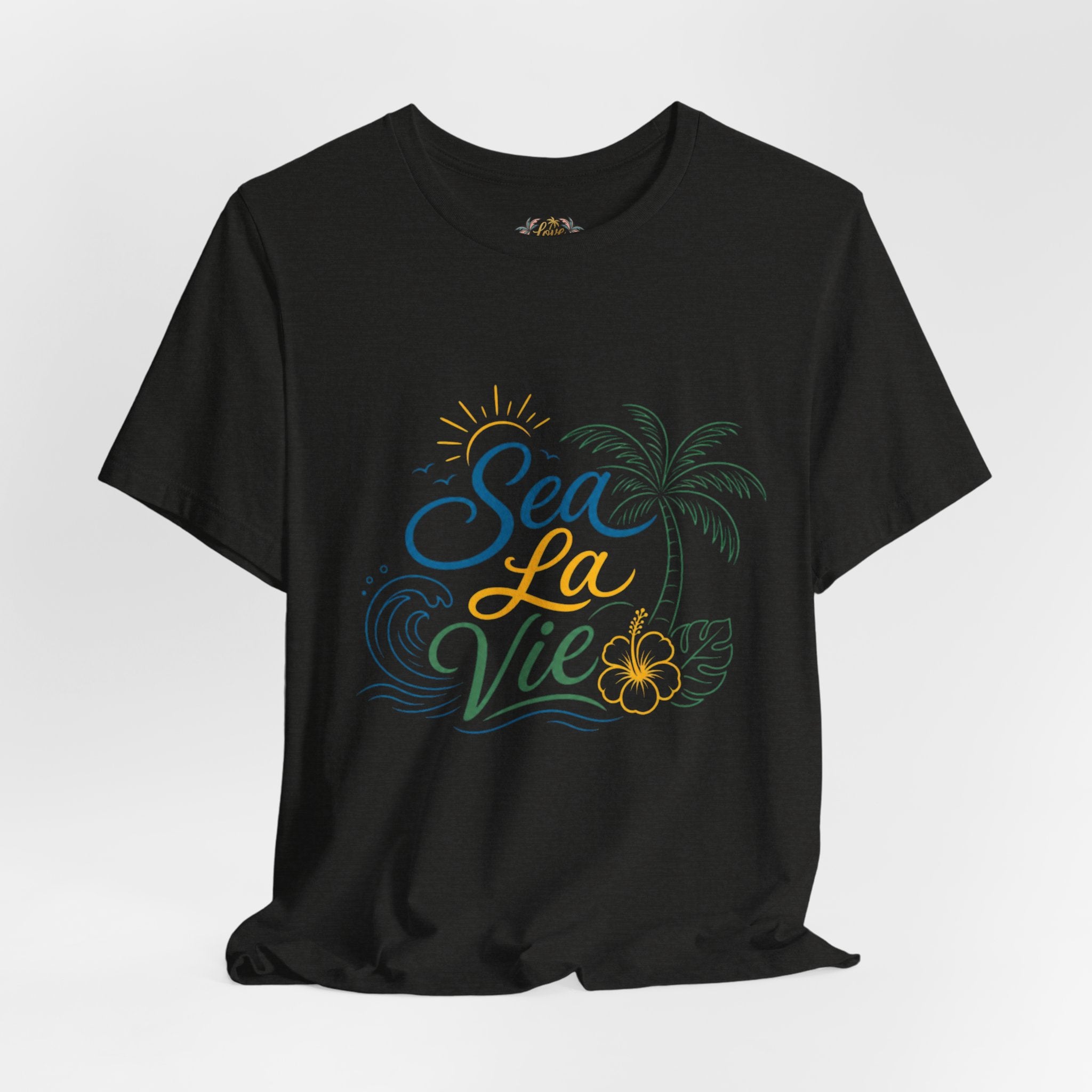 Sea La Vie beach palm graphic Tee | tropical waves, palm tree, hibiscus