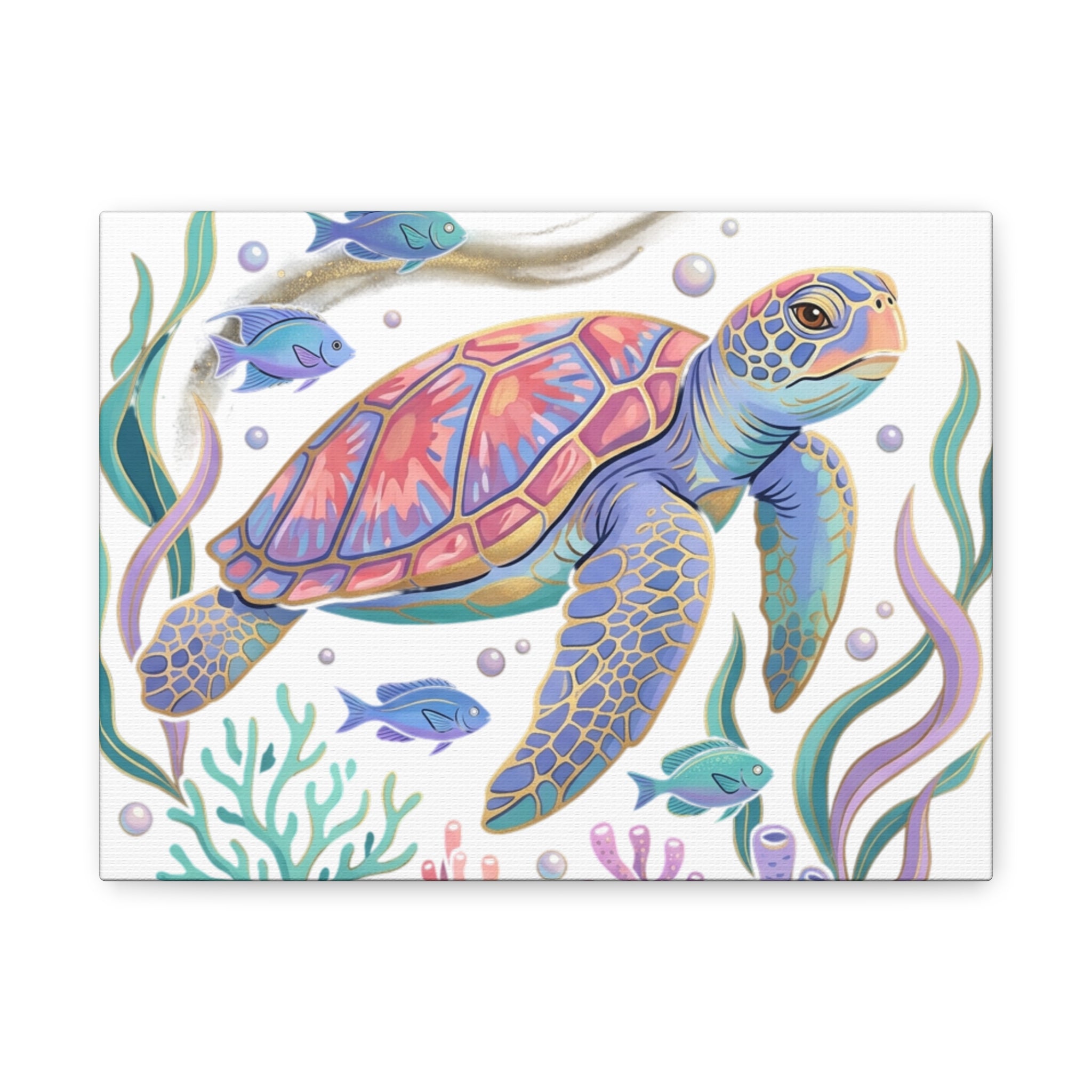 Colorful Sea Turtle Canvas Wall Art — Pastel Ocean Turtle Print on Matte Stretched Canvas