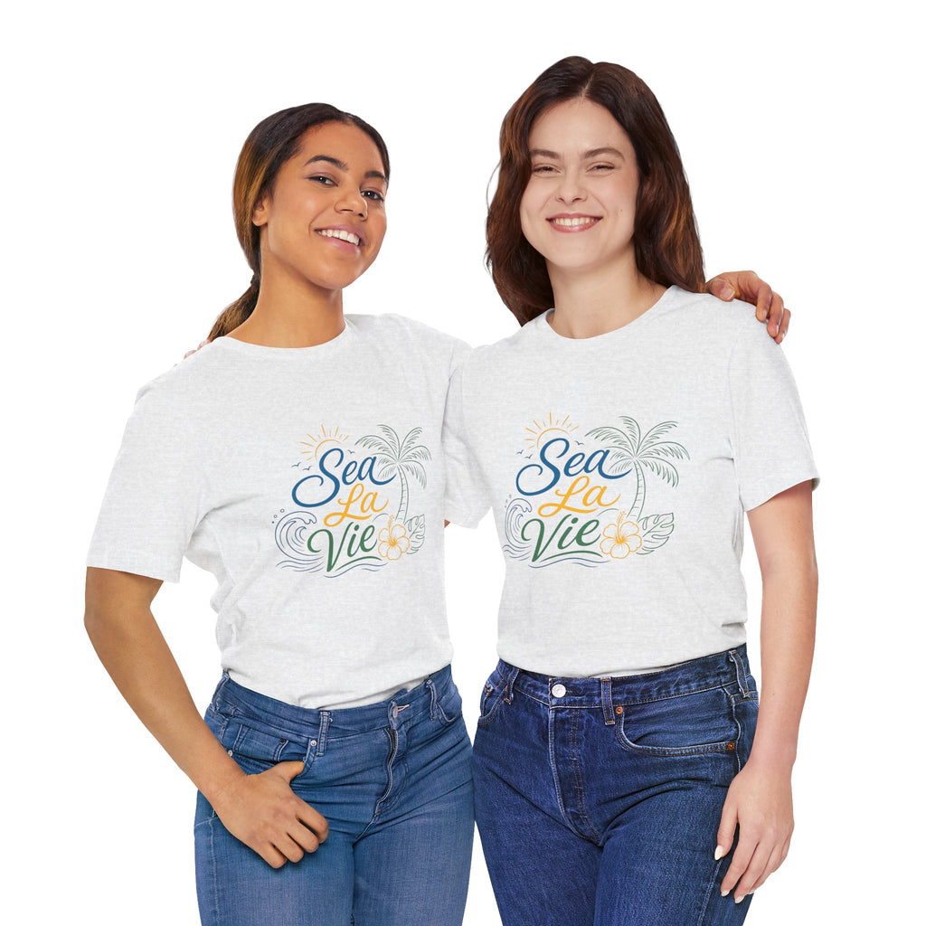 Sea La Vie beach palm graphic Tee | tropical waves, palm tree, hibiscus