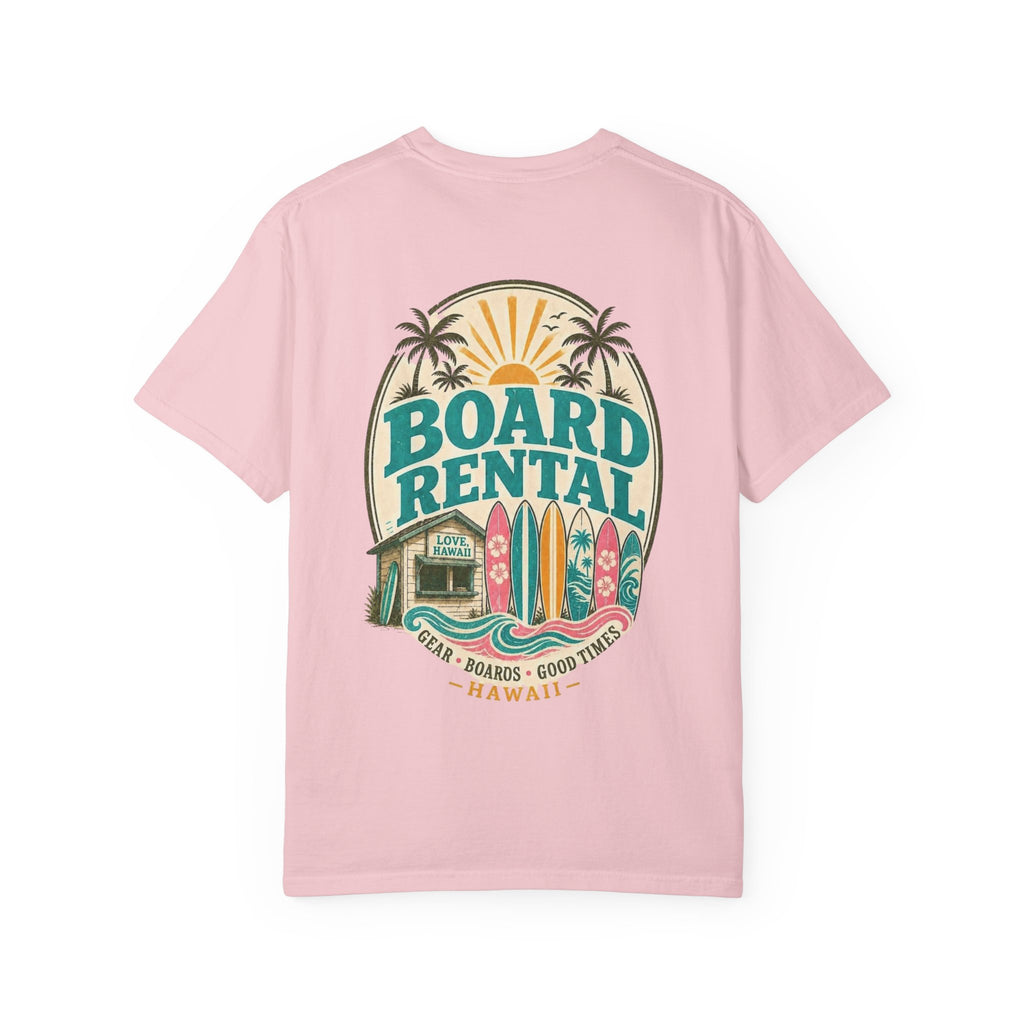 Board Rental T-Shirt — Hawaiian Surf Shop Graphic Tee (Back & Chest Print)