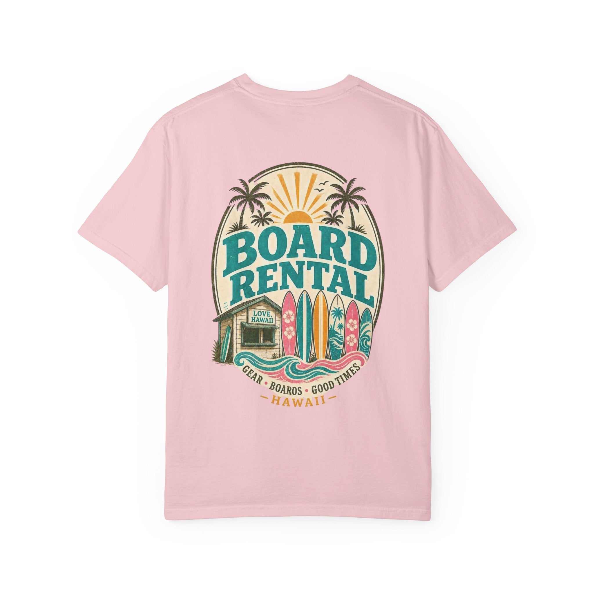 Board Rental T-Shirt — Hawaiian Surf Shop Graphic Tee (Back & Chest Print)