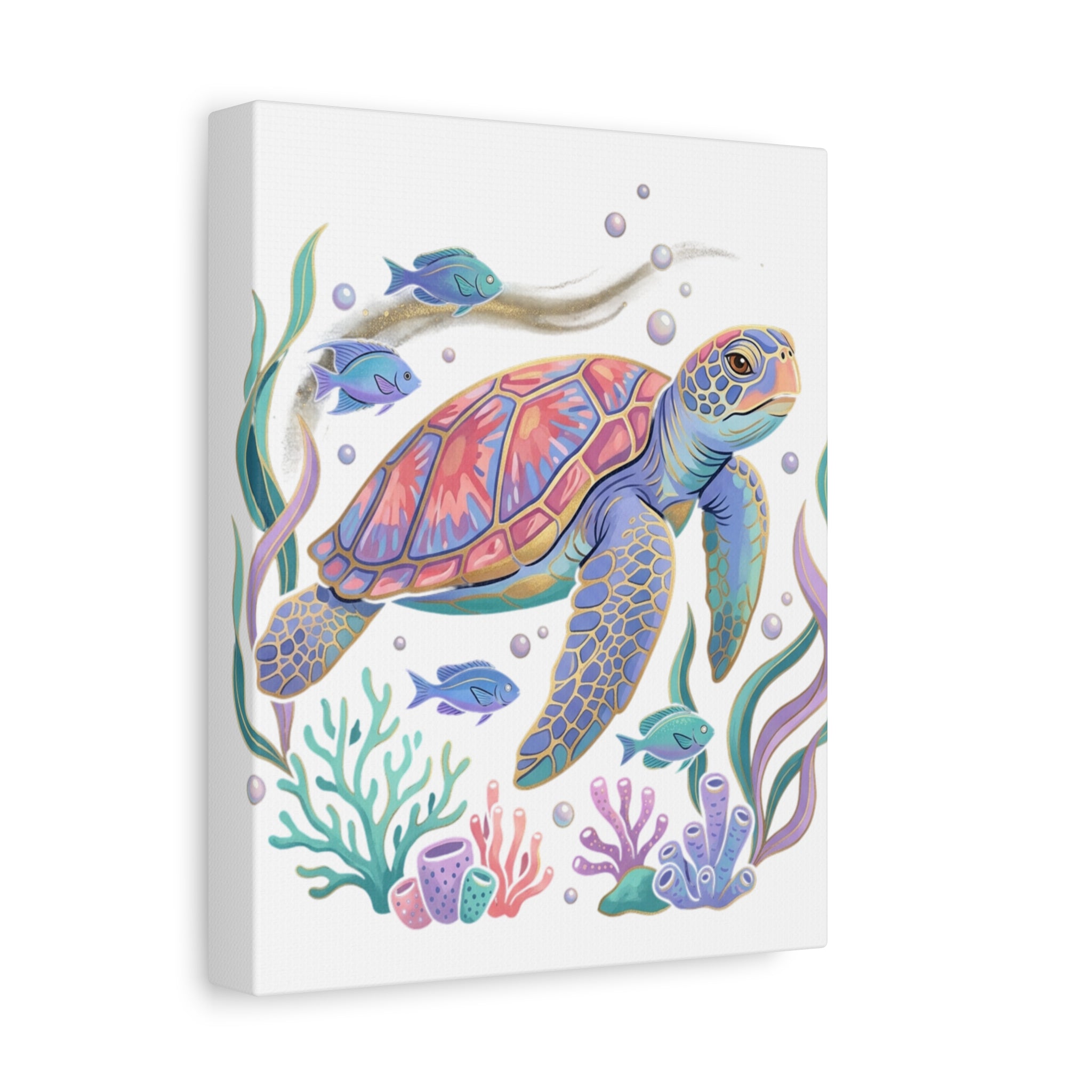 Colorful Sea Turtle Canvas Wall Art — Pastel Ocean Turtle Print on Matte Stretched Canvas