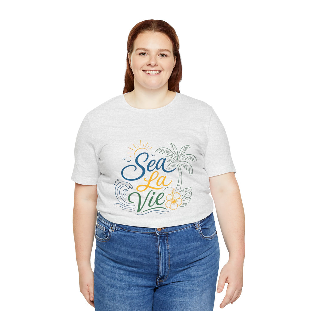 Sea La Vie beach palm graphic Tee | tropical waves, palm tree, hibiscus