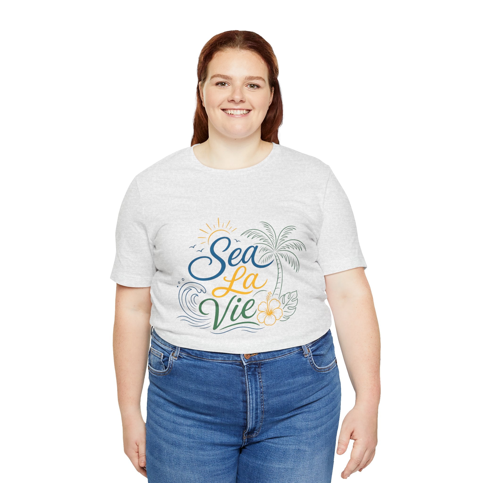 Sea La Vie beach palm graphic Tee | tropical waves, palm tree, hibiscus