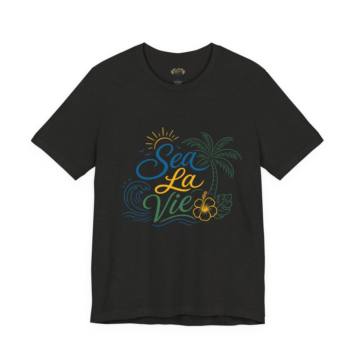Sea La Vie beach palm graphic Tee | tropical waves, palm tree, hibiscus