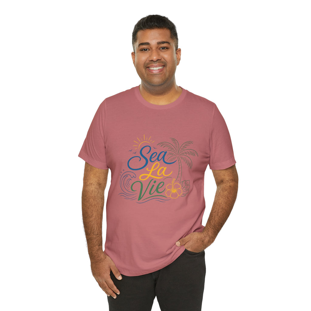 Sea La Vie beach palm graphic Tee | tropical waves, palm tree, hibiscus